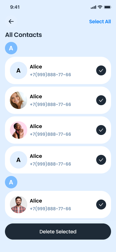 All contacts screen with multi-select delete