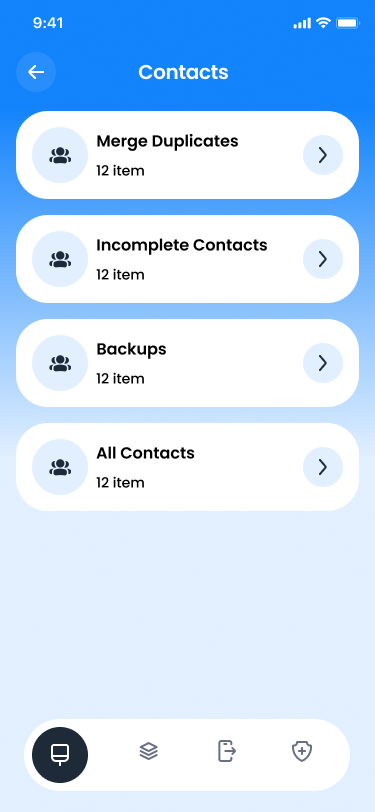 Contacts screen with merge duplicates and backups