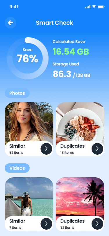 Smart Check screen โ 76% storage save calculated